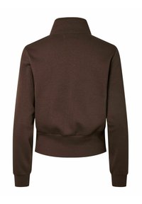 Veste marron à manches longues avec poignets, taille et col montant côtelés, vue de dos sur fond blanc.