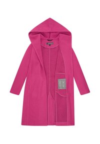 Cappotto con cappuccio di un rosa chiaro, con una vestibilità ampia, realizzato in materiale morbido. Presenta tasche anteriori e un'etichetta con le istruzioni per la cura all'interno.