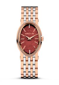 L'orologio CERRUTI 1881 presenta una cassa ovale in oro rosa con un quadrante rosso testurizzato, un bracciale in maglia d'argento e oro, e una lunetta ornata di cristalli.