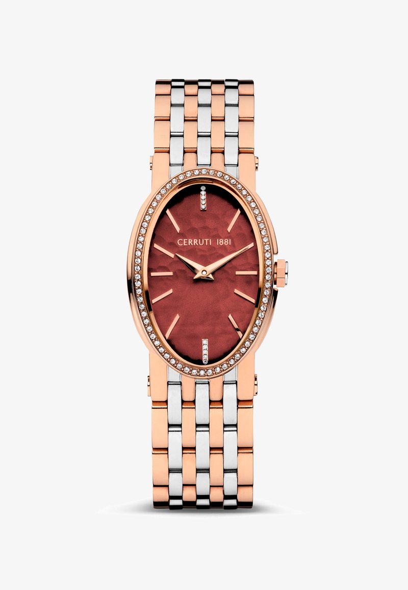 L'orologio CERRUTI 1881 presenta una cassa ovale in oro rosa con un quadrante rosso testurizzato, un bracciale in maglia d'argento e oro, e una lunetta ornata di cristalli.