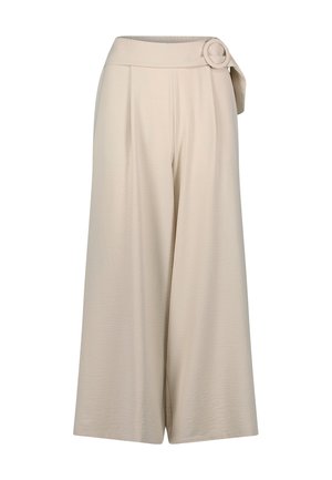 Light beige wide-leg trousers with a high waistband and a circular belt buckle detail. Smooth, textured fabric with front pleats.
