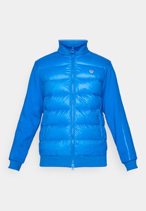 Bright blue zip-up jacket with padded front panel, knit sleeves, high collar, side pockets, and small logo on chest.