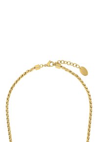 Collar de cadena en tono dorado con un diseño retorcido, cierre de broche y longitud ajustable con un pequeno acento de etiqueta.