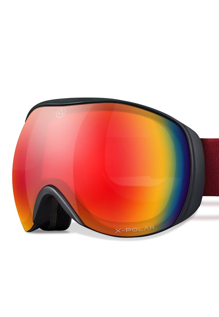 Skibrille mit einem gebogenen schwarzen Rahmen, einer großen reflektierenden, mehrfarbigen Linse und einem kastanienbraunen Strap, ausgestattet mit Schaumstoffpolsterung für Komfort.