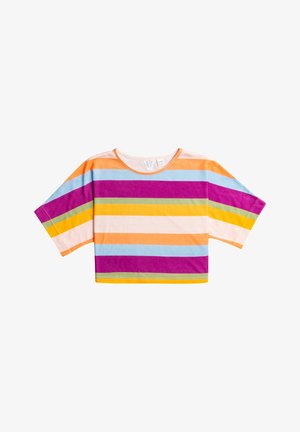 Krótki T-shirt z szerokimi poziomymi paskami w kolorach fioletowym, pomarańczowym, żółtym, zielonym i jasnoniebieskim. Miękka tkanina z okrągłym dekoltem.