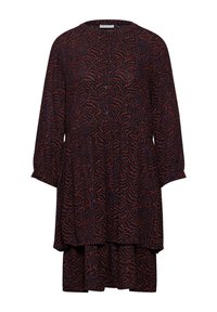Robe à manches longues avec une base bleu marine foncé ornée d'un motif ondulé rouge, des boutons décoratifs, une coupe ample et un ourlet en étages.