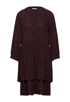 Langarmkleid mit dunkelblauem Grund und welligem roten Muster, Knopfdetails, lockerer Passform und stufigem Saum.