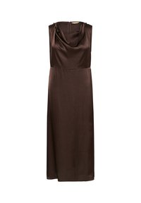 Robe midi en satin marron foncé sans manches avec encolure bénitier et fermeture éclair au dos, présentée sur un fond blanc uni.