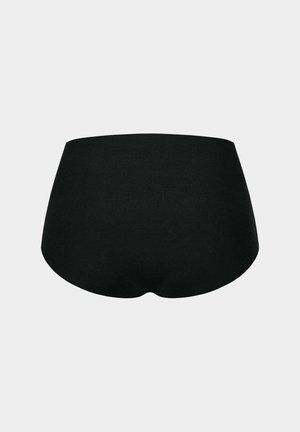 Schwarze nahtlose Damenunterwäsche mit hoher Taille und voller Rückenabdeckung auf einem hellgrauen Hintergrund.