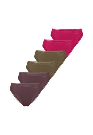 Six women's lace-trimmed bikini briefs in three pairs; colors include dark mauve, olive green, and magenta.