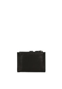 Black leather wallet with a smooth texture, rectangular shape, top zip closure, and a simple design, featuring no visible hardware accents.