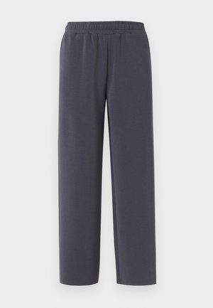 Pantalon gris foncé à taille élastique, coupe décontractée, jambe droite, sans poches visibles ni décorations.