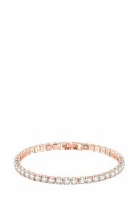 Bracciale in oro rosa con una fila di cristalli trasparenti e rotondi in un'impostazione a griffe, dotato di un chiusura sicura e di un design flessibile.