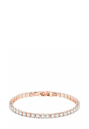 Bracciale in oro rosa con una fila di cristalli trasparenti e rotondi in un'impostazione a griffe, dotato di un chiusura sicura e di un design flessibile.