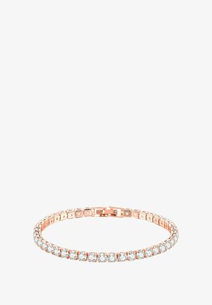 Bracciale in oro rosa con una fila di cristalli trasparenti e rotondi in un'impostazione a griffe, dotato di un chiusura sicura e di un design flessibile.