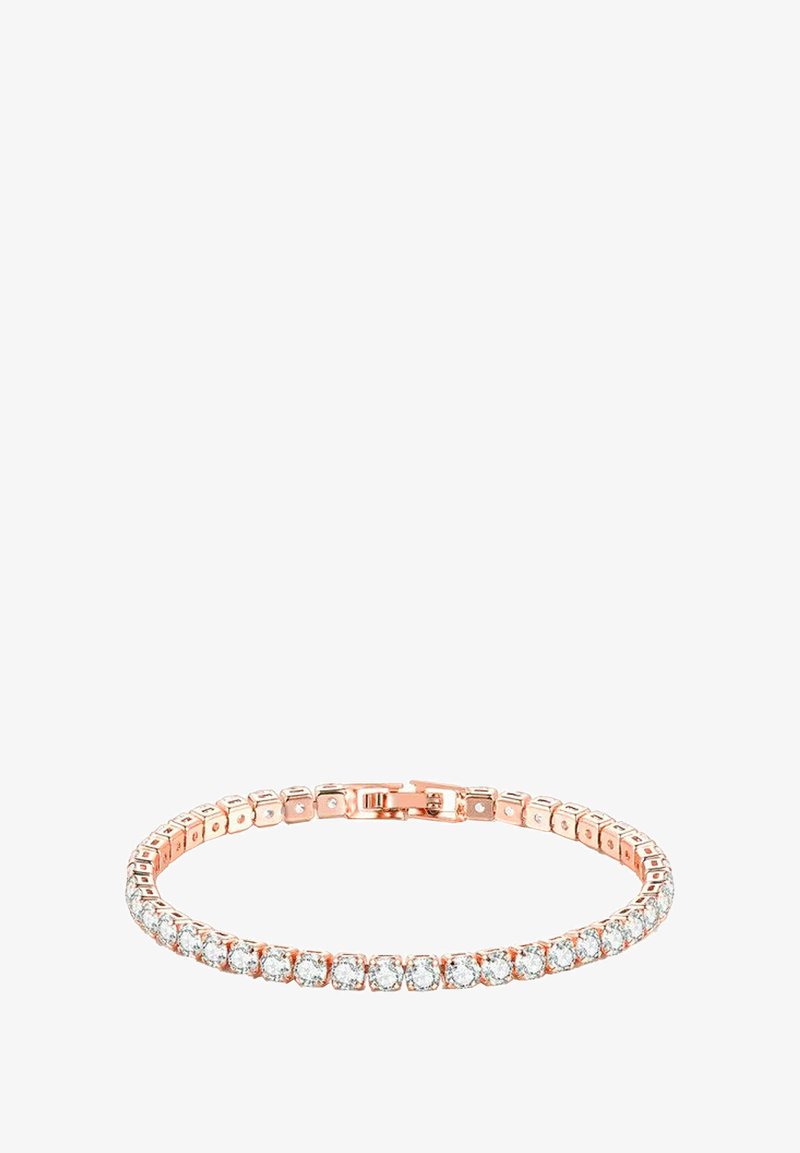 Bracciale in oro rosa con una fila di cristalli trasparenti e rotondi in un'impostazione a griffe, dotato di un chiusura sicura e di un design flessibile.