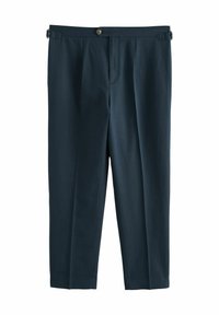 Námořnické modré kalhoty s volným střihem, vyrobené z lehké tkaniny. Obsahují přední zip, zapínání na knoflík a nastavitelné boční pásky.