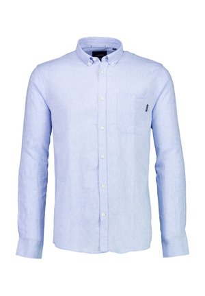Lichtblauwe lange mouwen knoopshirt van linnen, met een borstzak en een normale kraag. Subtiele textuur overal.
