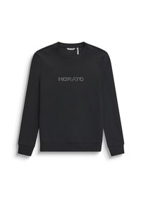 Sudadera negra de manga larga y cuello redondo. Presenta un logo texturizado "MORATO" en la parte frontal. Tejido suave con puños acanalados.