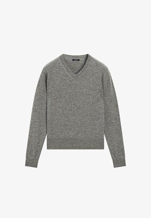 Maglione grigio a scollo a V realizzato in morbido tessuto a maglia. Presenta maniche lunghe e un orlo dritto. Design minimalista senza pattern o accenti visibili.