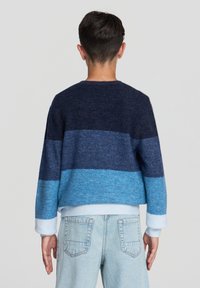 Sweter z dzianiny z okrągłym dekoltem, zdobiony poziomymi paskami w kolorze granatowym, niebieskim i jasnoniebieskim. Żebrowane mankiety i dół swetra są białe.
