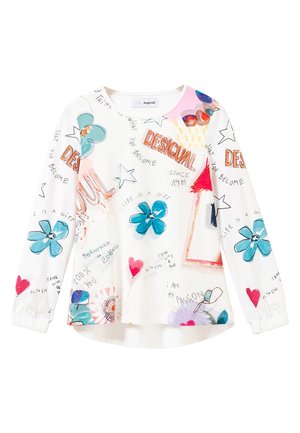 Langärmliges weißes Oberteil mit bunten Blumen- und Sternmustern, handgeschriebenem Text und grafischen Akzenten. Hergestellt aus weichem Stoff, lockere Passform.