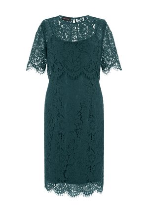 Vestito verde scuro in pizzo fino al ginocchio con maniche corte, bordi smerlati e motivi floreali su tutta la superficie.