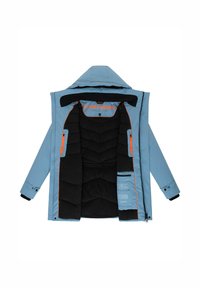 Svetlomodrá pufovaná bunda s čiernym interiérom, s prešívaním a oranžovými detailmi, vrátane zipsov a vnútorných vreciek.