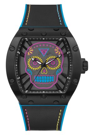 Black watch with a square face featuring a colorful skull design. Black leather band with contrasting stitching in pink, blue, and yellow.