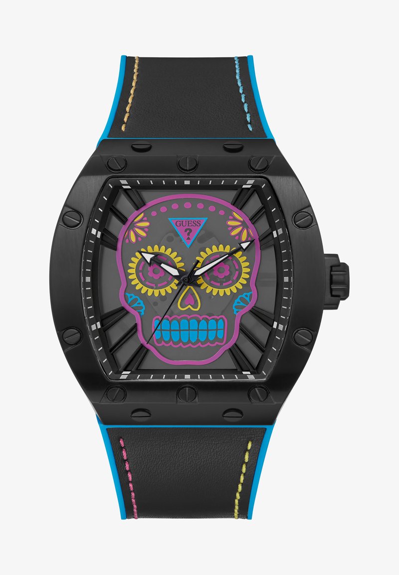Czarny zegarek z kwadratową tarczą z kolorowym wzorem czaszki. Czarna skórzana bransoleta z kontrastującym haftem w różowym, niebieskim i żółtym kolorze.