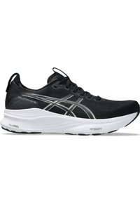 Männer-Laufschuh in Schwarz mit atmungsaktivem Obermaterial, silbernen Akzenten, dicker, weißer Dämpfungssohle und rutschfester Profilsohle.