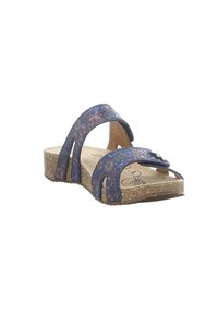 Blue floral patterned slide sandals with two wide straps, cork footbed, and textured rubber sole, featuring cut-out details for breathability.