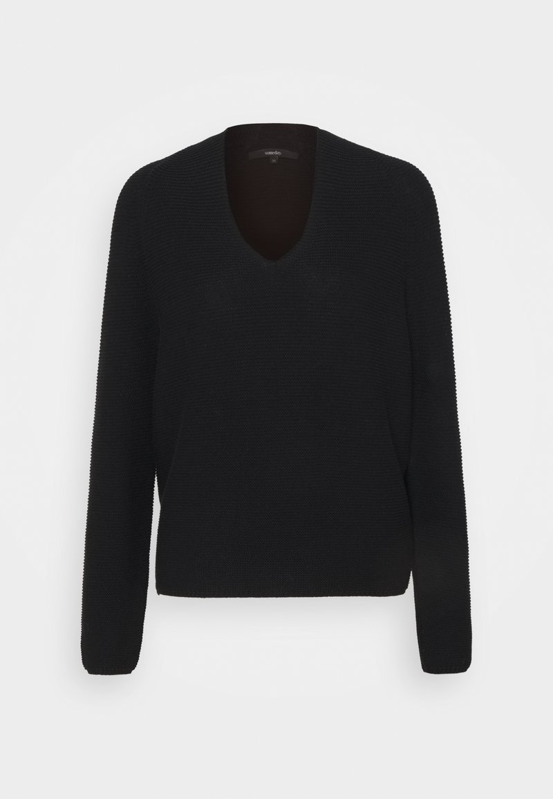 Pull noir à manches longues en tricot avec col en V et coupe légèrement ample présenté sur un fond clair uni.