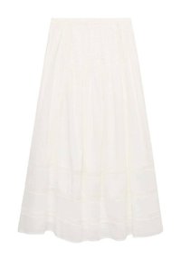 White, midi-length skirt made of lightweight fabric with a gathered waist, featuring subtle horizontal seam details and a flowy silhouette.