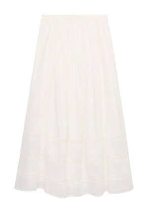 White, midi-length skirt made of lightweight fabric with a gathered waist, featuring subtle horizontal seam details and a flowy silhouette.