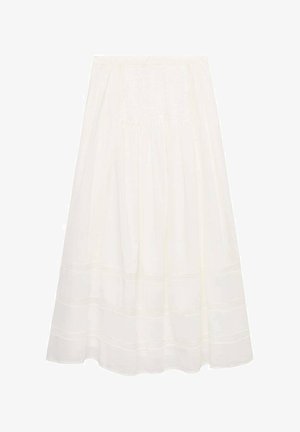 Bijela suknja srednje duljine od laganog materijala s napuknutim strukom, koja sadrži suptilne horizontalne šavne detalje i lepršavu siluetu.
