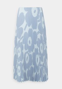 Plissé midi-jurk met een groot lichtblauw en wit bloemmotief, rechte tailleband en een iets uitlopende zoom.