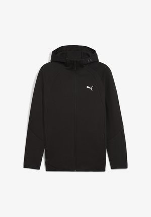 Čierna mikina na zips vyrobená z jemného materiálu, s kapucňou, bočnými vreckami a bielym logom na hrudi. Hladká textúra s raglánovými rukávmi.