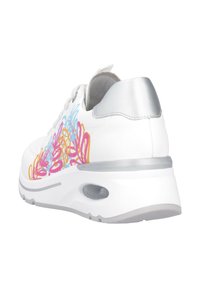 White sneaker with colorful abstract patterns in pink, blue, and orange. Features a silver heel accent and a cushioned midsole.