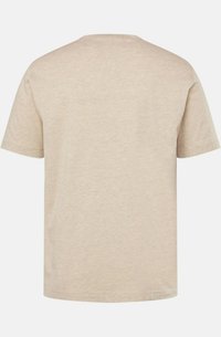 T-shirt beige a maniche corte con girocollo, realizzata in un morbido misto cotone, caratterizzata da una texture liscia e una vestibilità ampia e rilassata.