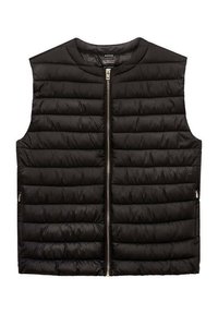 Czarna pikowana kamizelka z okrągłym dekoltem, zapinana na zamek z przodu, z bocznymi kieszeniami; posiada poziome przeszycia i gładką, błyszczącą fakturę.