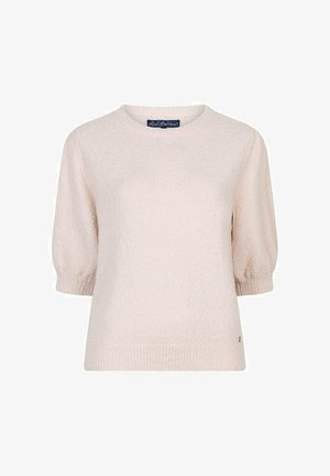 Lichtbeige, getextureerde trui met korte mouwen, geribde ronde hals en manchetten, met een klein logolabel vlakbij de zoom.