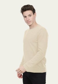 Pull en tricot beige clair avec des manches longues et un col rond. La texture semble douce et chaude, avec une finition lisse.