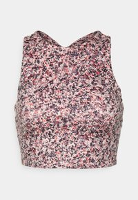 Top cropped sem mangas com um padrão de manchas multicoloridas em tons de rosa, roxo e vermelho. Tecido suave com uma textura ligeiramente elástica.