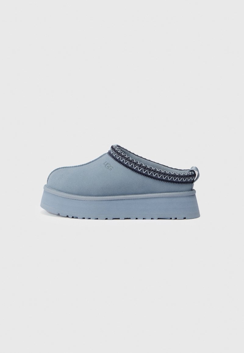 Chaussure bleu clair à enfiler avec semelle épaisse, bordure en zigzag noir et blanc autour de l’ouverture, logo UGG sur le côté.