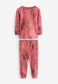 Camisa de manga larga con estampado floral en tonos rosas y pantalones a juego, hechos de una tela suave, que ofrecen un ajuste cómodo con puños acanalados.
