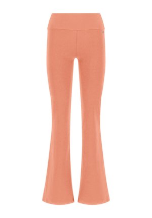 Ausgestellte Leggings in einem sanften Korallton, mit hohem Bund, glattem Texture und figurbetontem Design, das am Saum ausgeht.