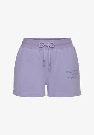 Purple cotton blend shorts with an elastic waistband, drawstring detail, and printed text: "ENJOY EVERY MOMENT OF YOUR LIFE."