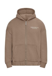 Brown zip-up hoodie, soft fabric, large front pockets, adjustable hood, features white text: "THEDROPSIZECLUB LEGENDS SINCE 2020."