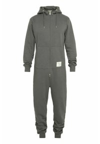Grauer Reißverschluss-Overall mit Kapuze, Fronttaschen und Kordelzügen. Hergestellt aus einem weichen Material mit elastischen Bündchen an Handgelenken und Knöcheln.